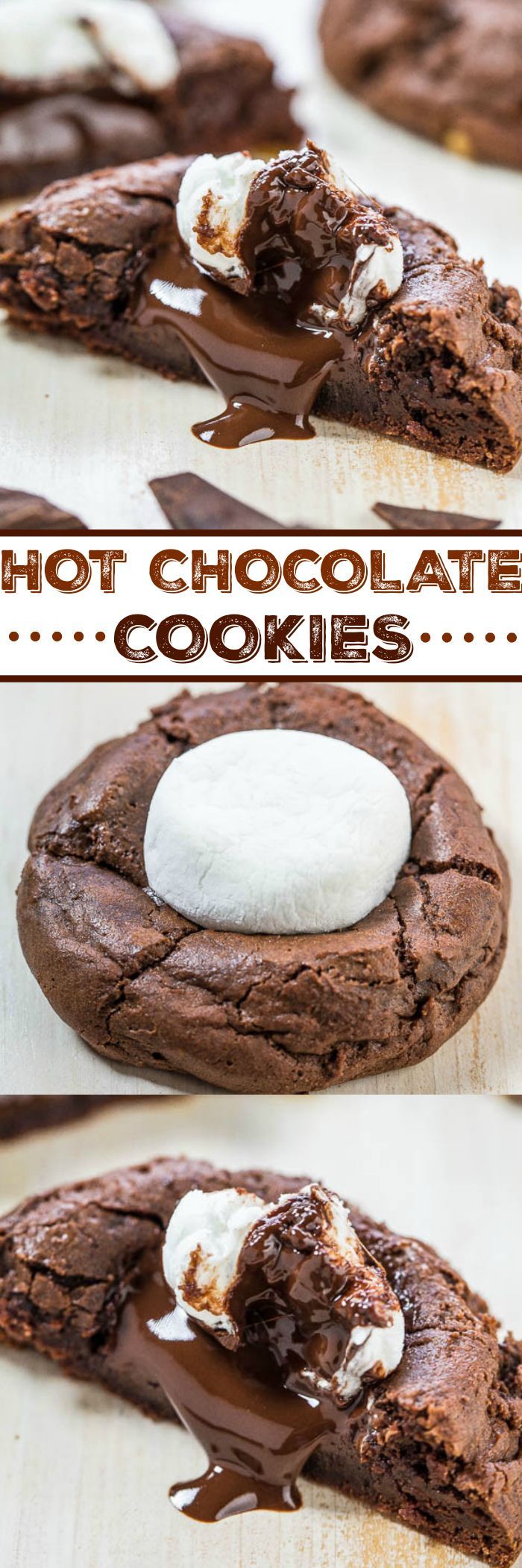 Hot Chocolate Cookies – Rich chocolate cookies topped with a hunk of melted dark c