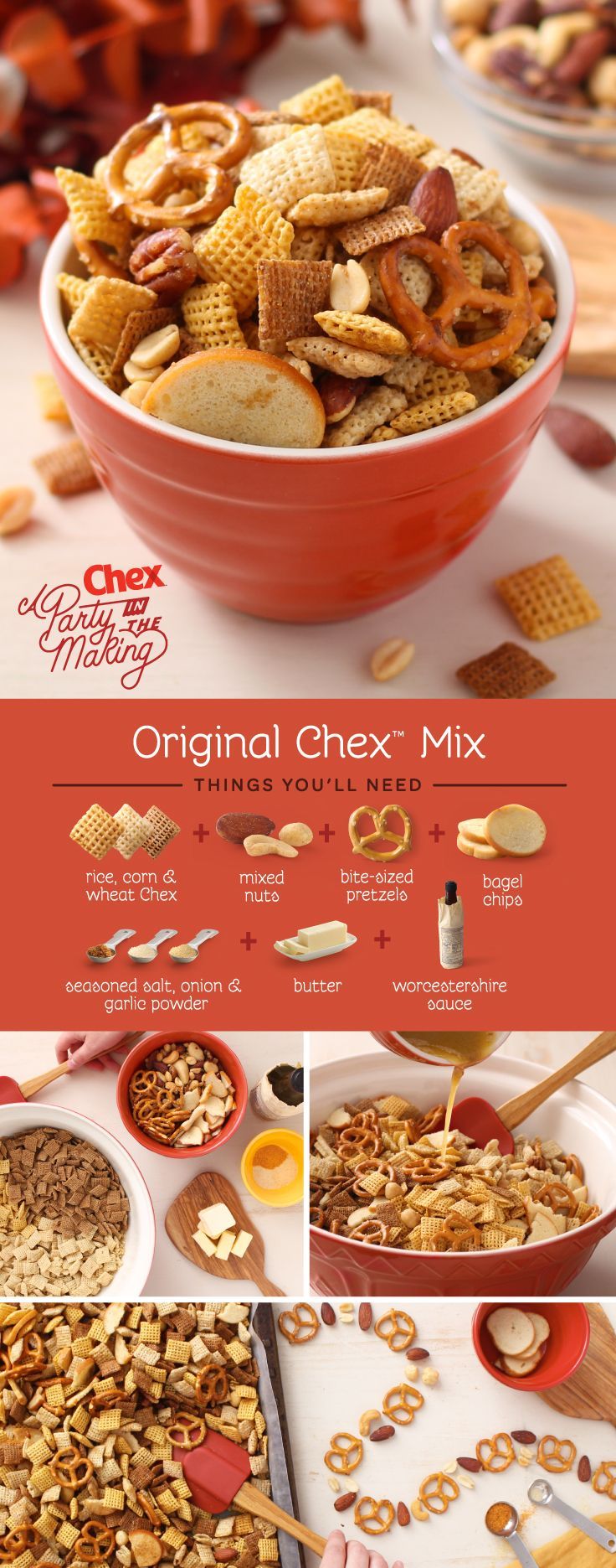 It’s celebration time, and this recipe feeds a crowd! Homemade Original Chex Mix