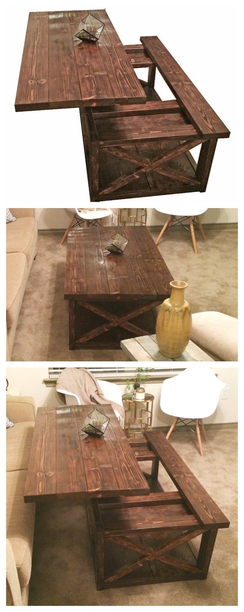 Lift top coffee table DIY – Rustic X coffee table with a lift top.