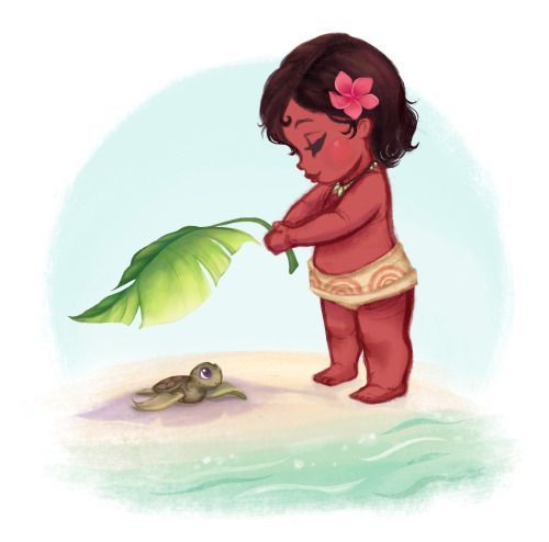 Little Moana helping a baby turtle to reach the ocean.