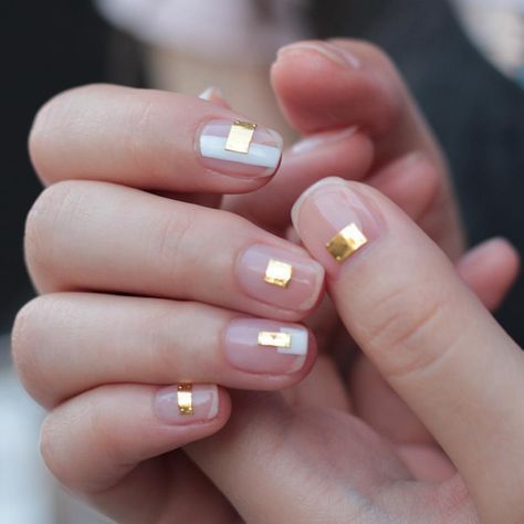 minimalist sheer nails with gold rectangles