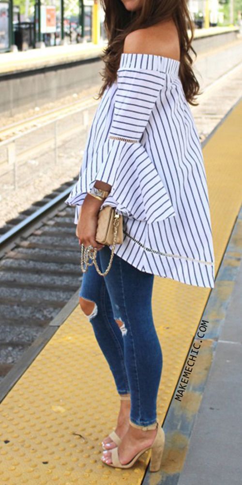 Multicolor Striped Off The Shoulder Bell Sleeve Blouse