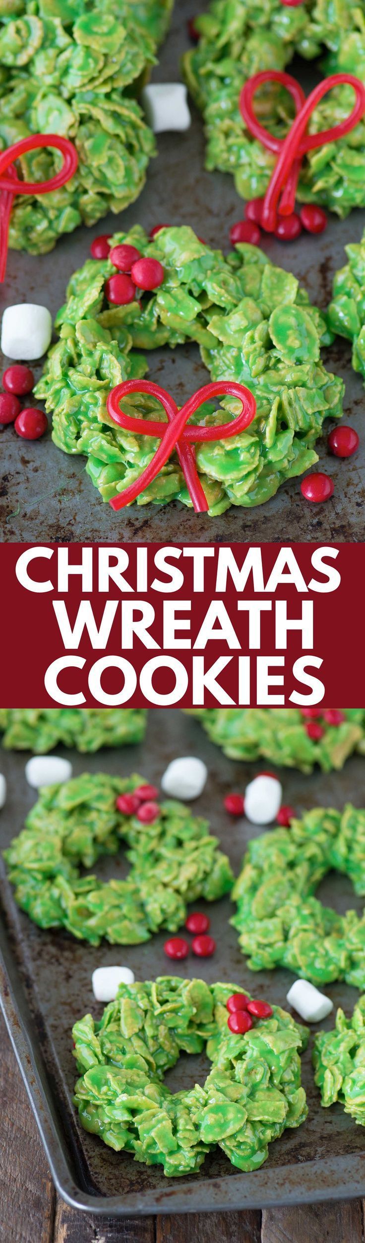 No bake christmas wreath cookies made with corn flakes and marshmallows! These onl