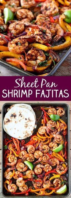 One Sheet Pan Shrimp Fajitas. An easy way to make shrimp fajitas and very little c
