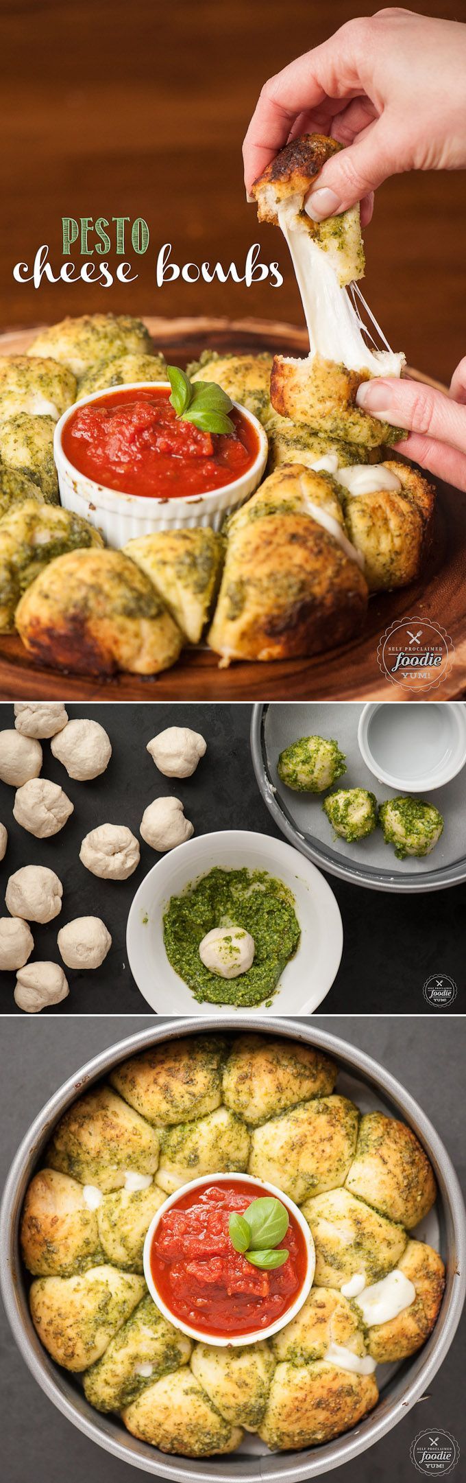 Ooey gooey melty Pesto Cheese Bombs with marinara sauce are super easy to make and