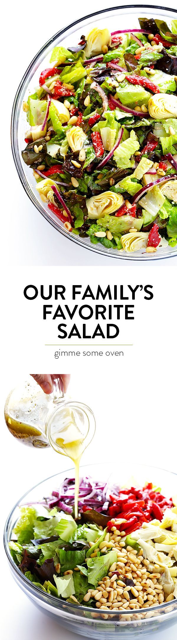 Our family’s favorite salad is made with lots of artichoke hearts, roasted red pep