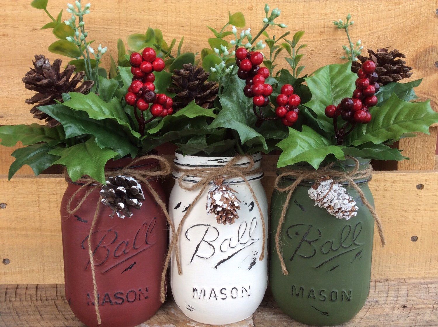 Painted Mason Jars. Christmas Decor. Vase. Home Decor. Holiday Decor. Rustic…