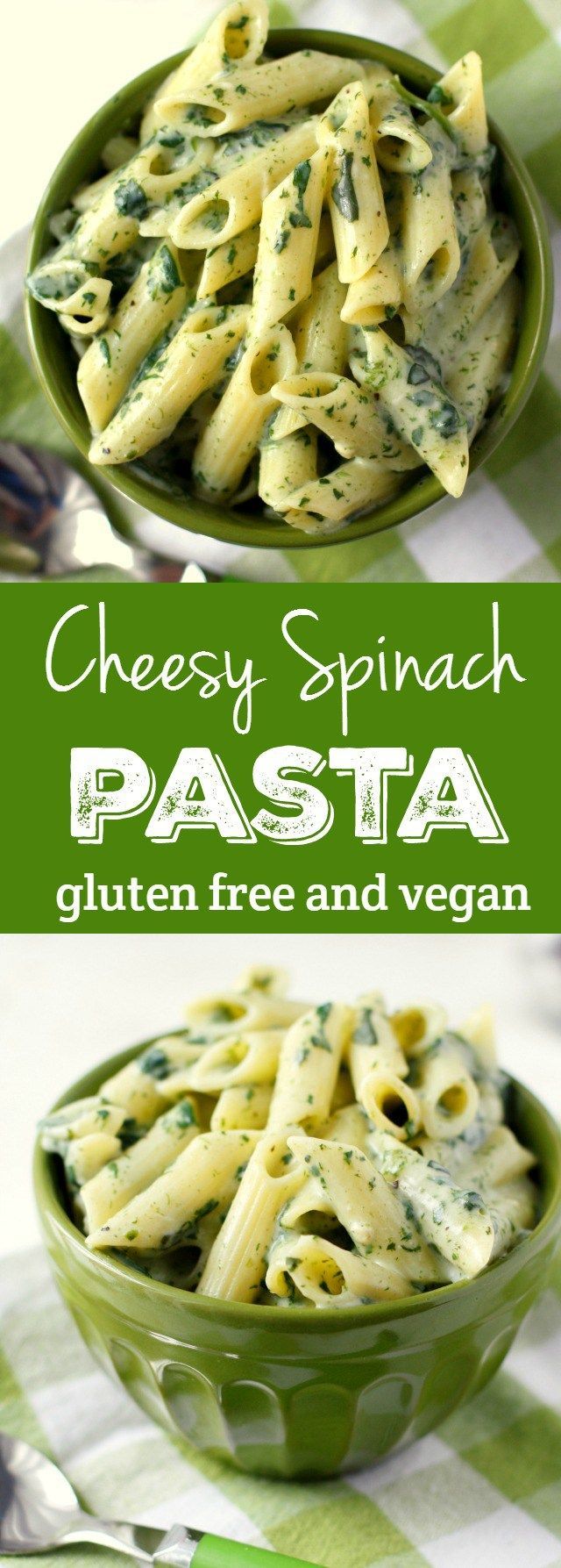 Pasta with a cheesy spinach sauce is a family favorite! Easy comfort food.