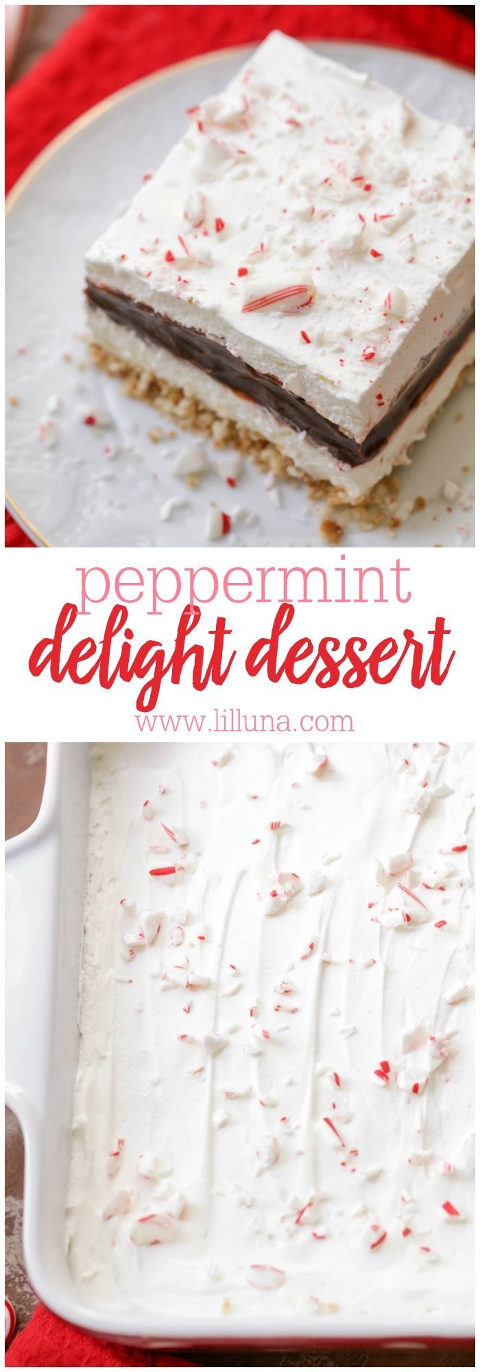 Peppermint Chocolate Delight – Nilla wafer crust, cream cheese layer, chocolate pu