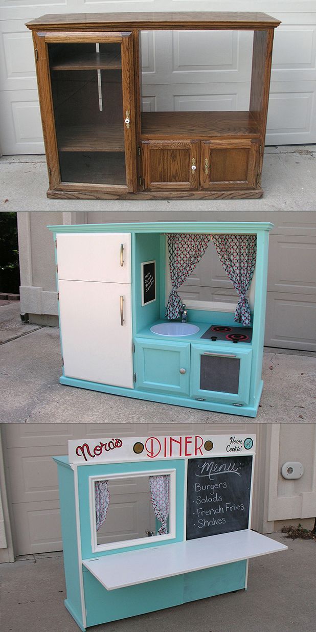 Really cute Kids Kitchen/Diner made out of an old entertainment center.