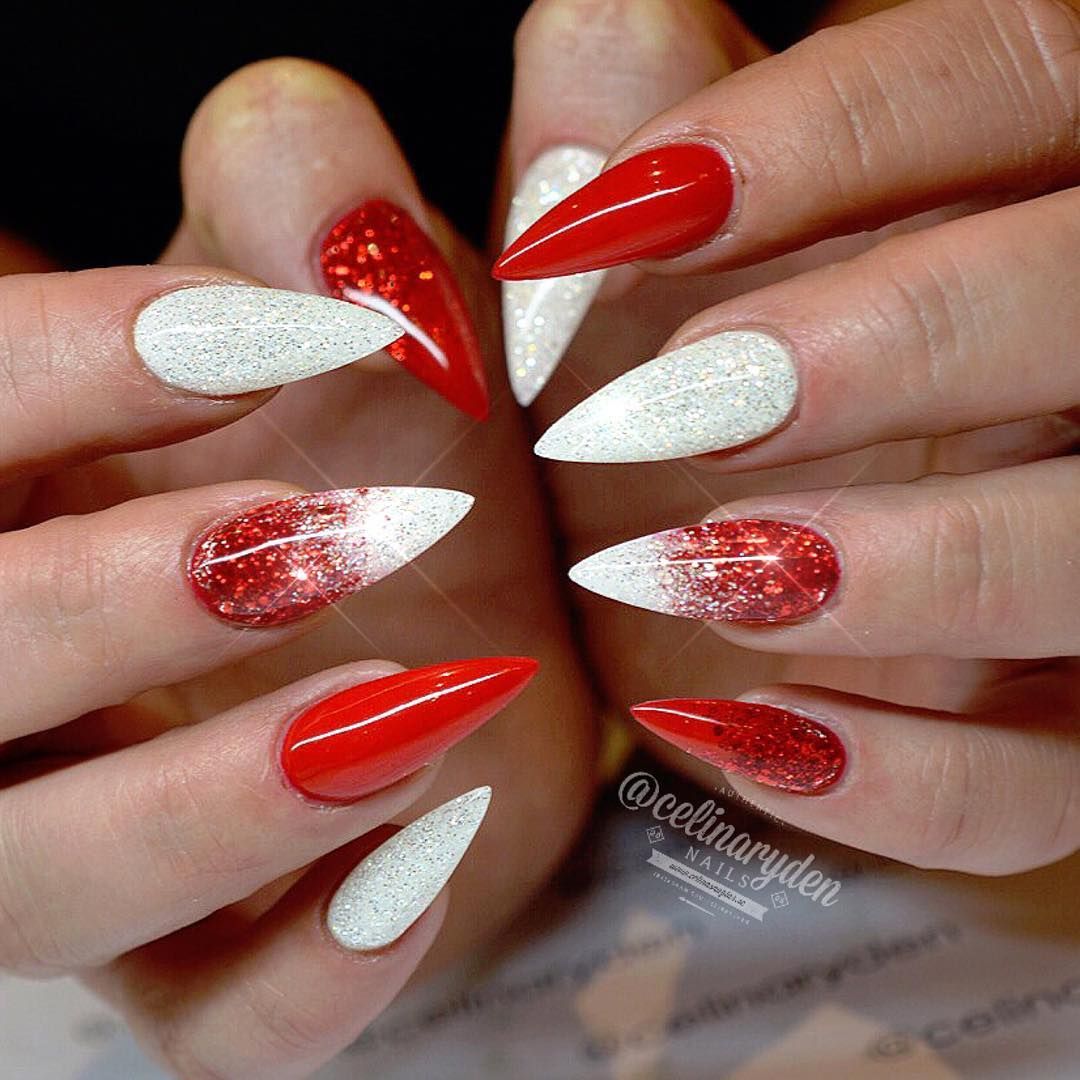 Red and White Ombre Christmas Inspired Stiletto Nails