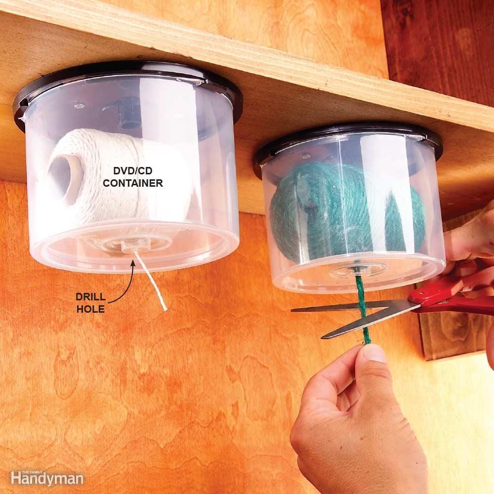 String Dispensers Here’s a great way to reuse empty CD/DVD containers. Drill a h