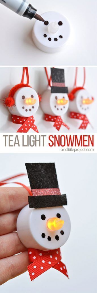 Tea Light Snowmen Ornament How To – This is a great idea with dollar store items!