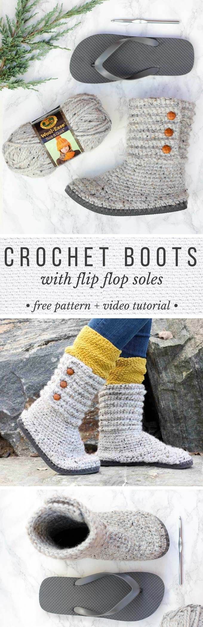 These DIY crochet boots with flip flops for soles make excellent slippers or UGG-l
