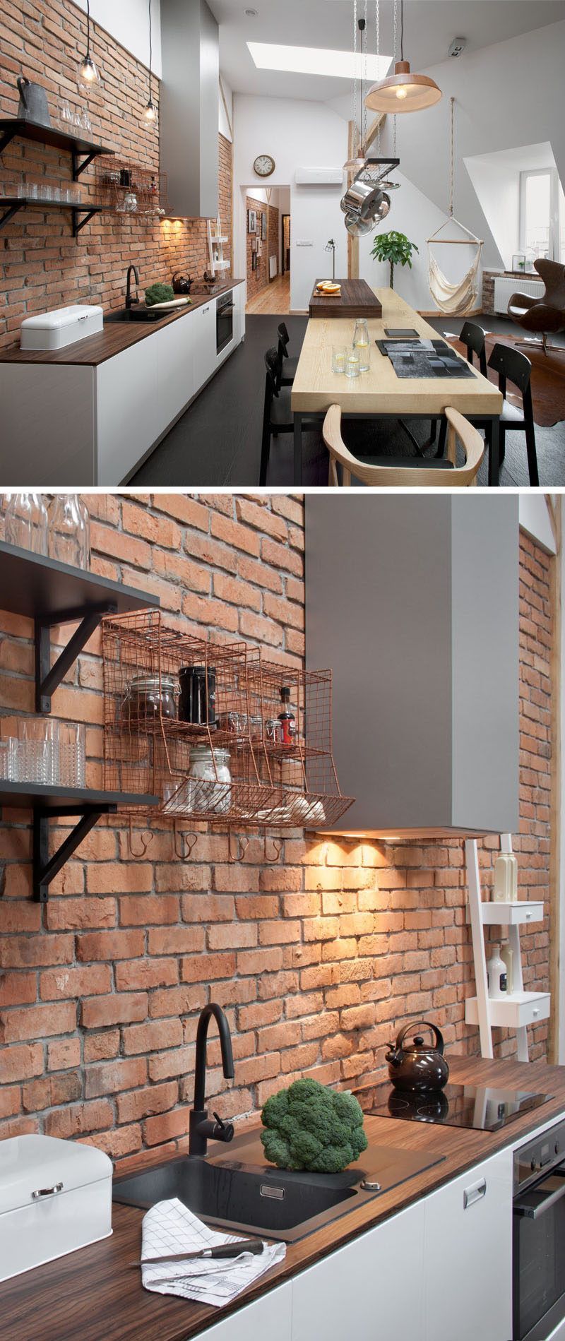 Throughout the apartment there are bright white walls, touches of brick and wood,