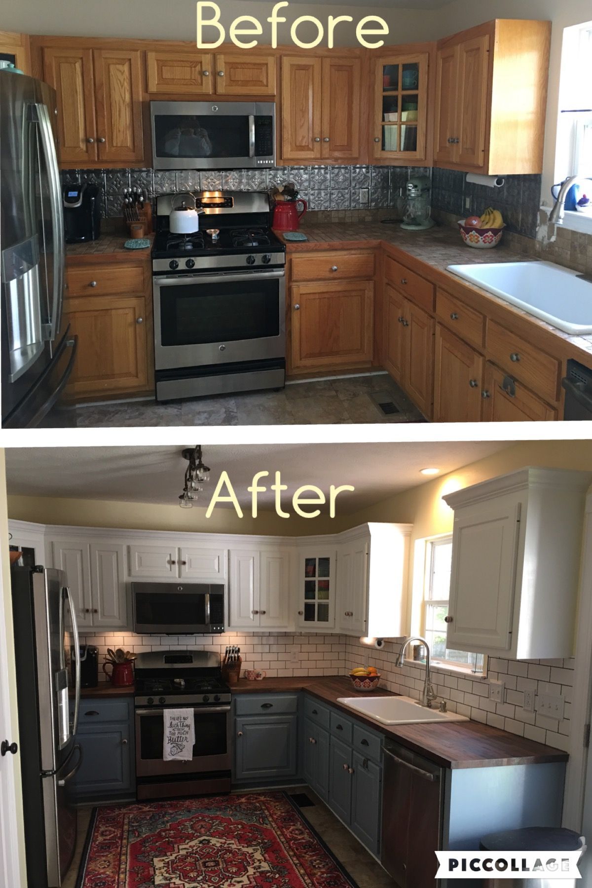 Two toned cabinets. Valspar Cabinet Enamel from Lowes = Successful kitchen updatin