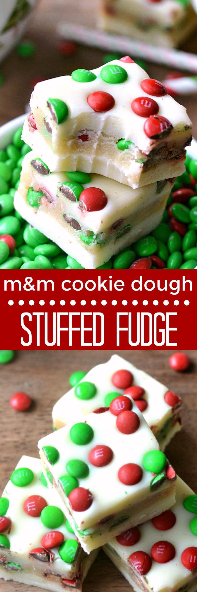 White Chocolate Fudge stuffed with M&M cookie dough and topped with more M&amp