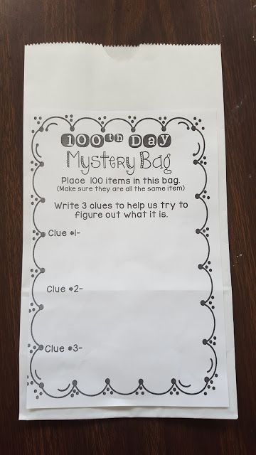 100 Days of School Mystery Bag-Students fill the bag with 100 items and class tries to guess whats inside.-Freebie