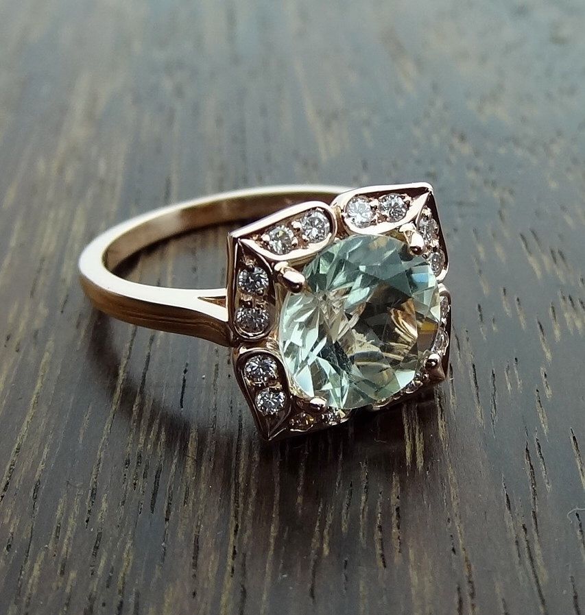 14K Rose Gold Vintage Floral Green Aquamarine Color Amethyst Engagement Ring Scalloped Diamonds Antique Style by DeAguiarDesigns