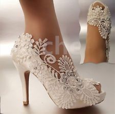 3″4″ heel satin white ivory lace pearls open toe Wedding shoes bride size 5-9.5
