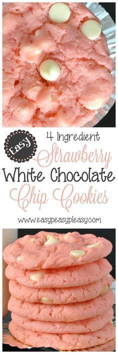 4 Ingredient EASY Strawberry White Chocolate Chip Cookies Recipe via Easy Peasy Pleasy