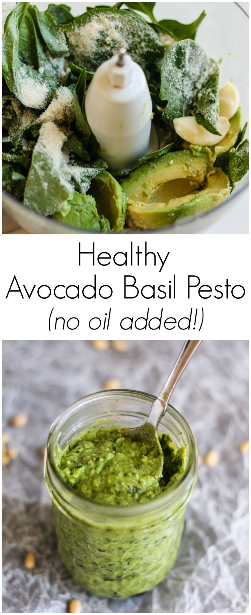 A lightened up pesto without any added oil! The secret is using an avocado to get