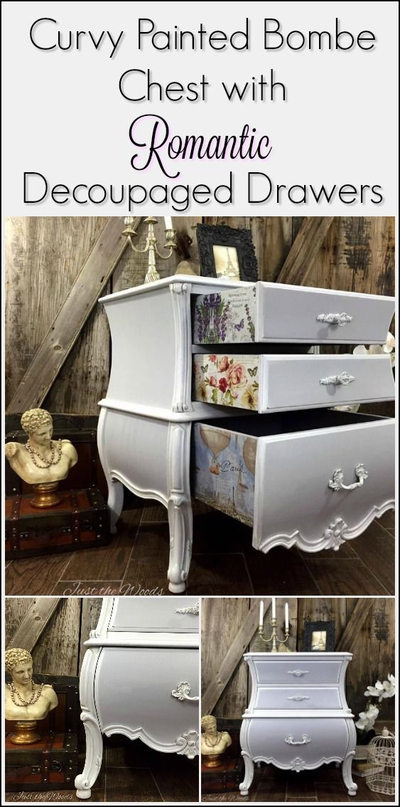 Add decoupage to painted furniture. Decoupage pretty prints to the sides of drawer