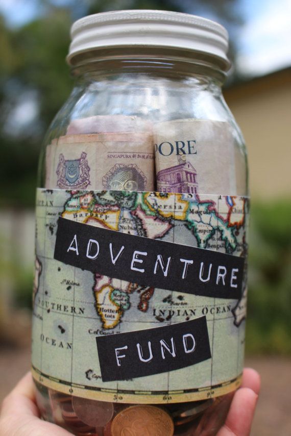 Adventure Fund custom glass money jar by MonikaKVeith on Etsy