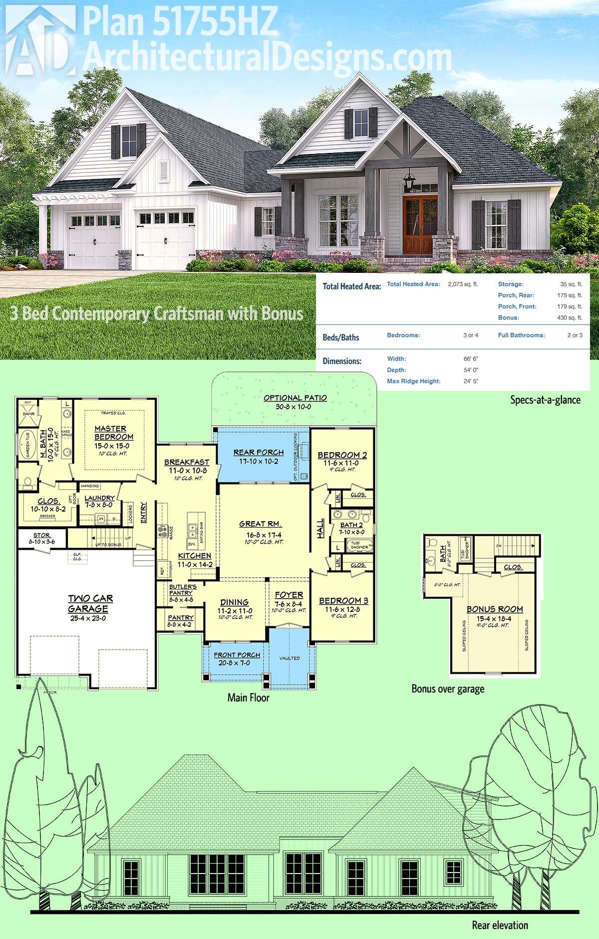 Architectural Designs House Plan 51755HZ is a 3 bed contemporary Craftsman design with a bonus room with bath over the garage,
