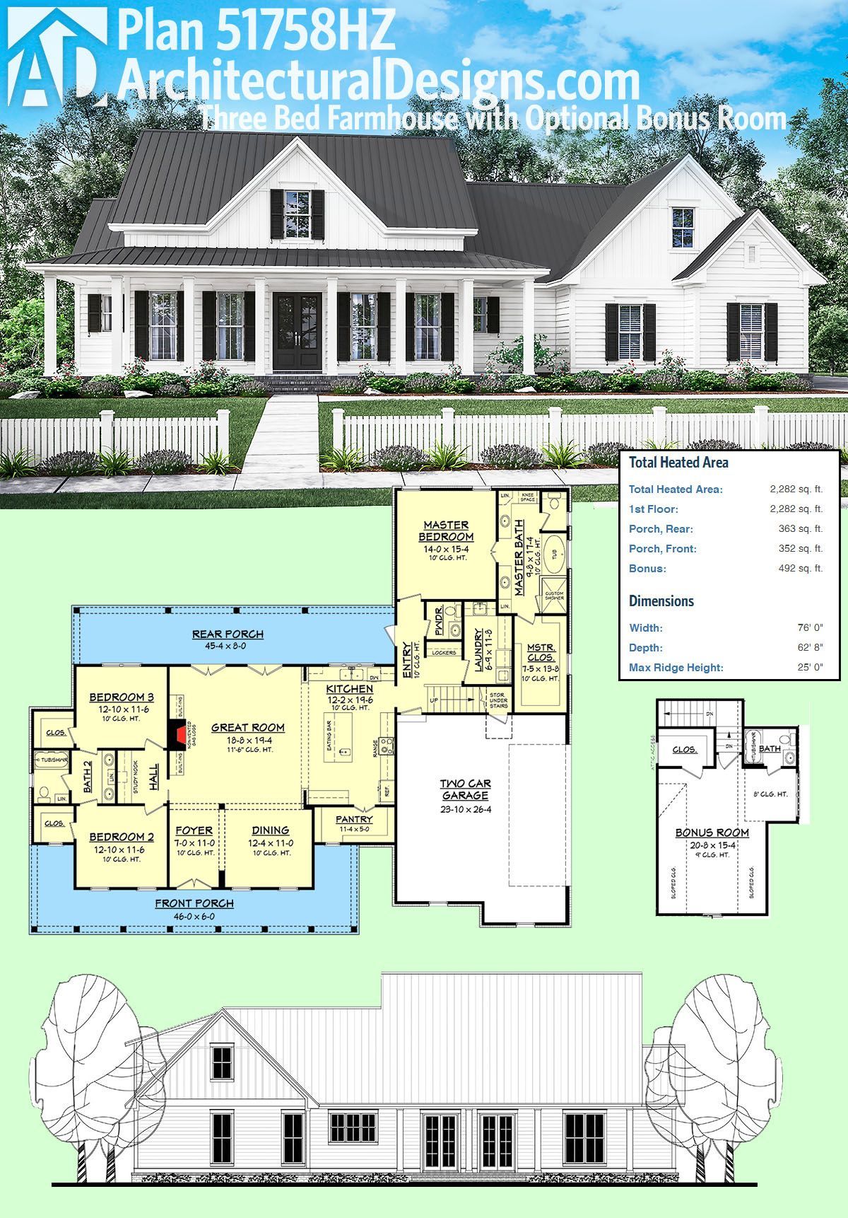 Architectural Designs Plan 51758HZ is a 3 bed farmhouse with an optional bonus roo