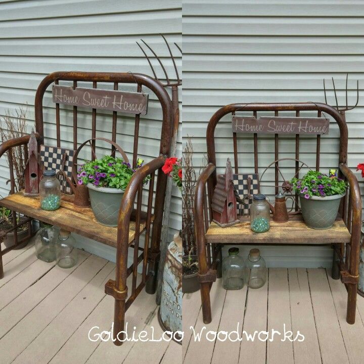 Bench made by my hubby from a old iron bed. Love how it turned out. www.goldieloowood…