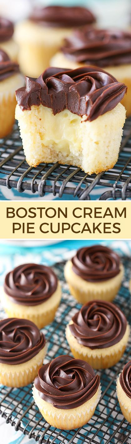 Boston Cream Pie Cupcakes – a moist, fluffy vanilla cupcake with pastry cream filling and a chocolate ganache rosette on top!