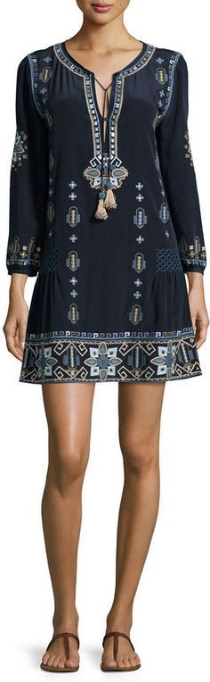 Calypso St. Barth Nona Long-Sleeve Embroidered Dress, Navy