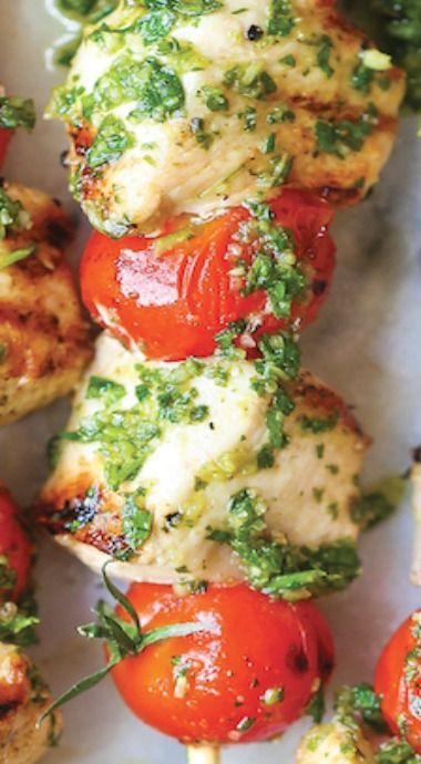 Chicken Pesto Kabobs. A fun, healthy version of the classic chicken recipe. All clean eating ingredients are used in this recipe