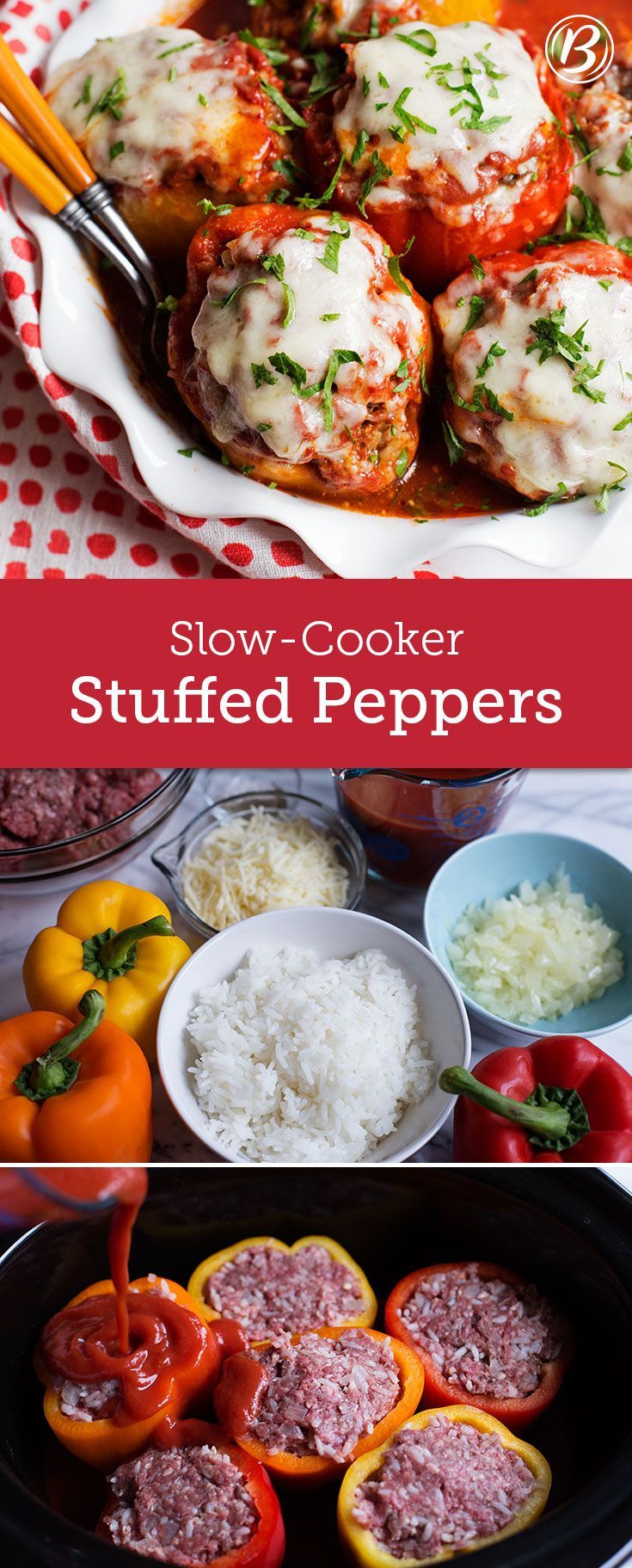 Classic beef- and rice-stuffed peppers are now easier to make than ever with some help from your slow cooker. Use any good melting