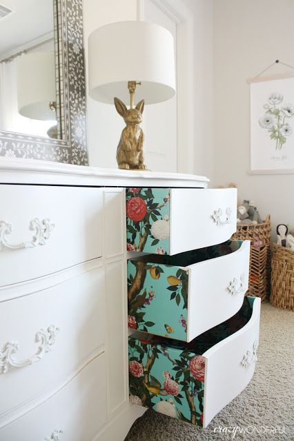 Crazy Wonderful: wallpapered dresser drawers with Milton & King, paper lined drawers, wallpaper ideas, wallpaper projects, floral