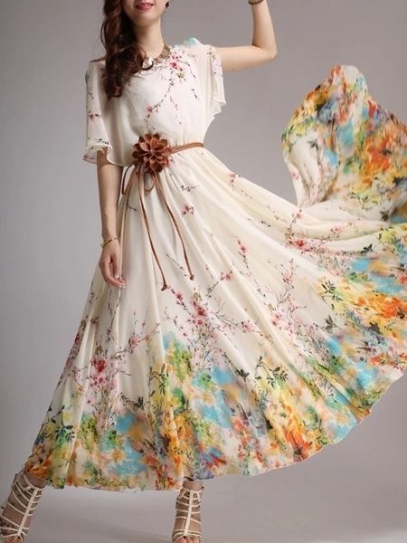 Crew Neck Chiffon Bohemian Floral Printed Maxi-dress Maxi Dresses from fashionmia.com