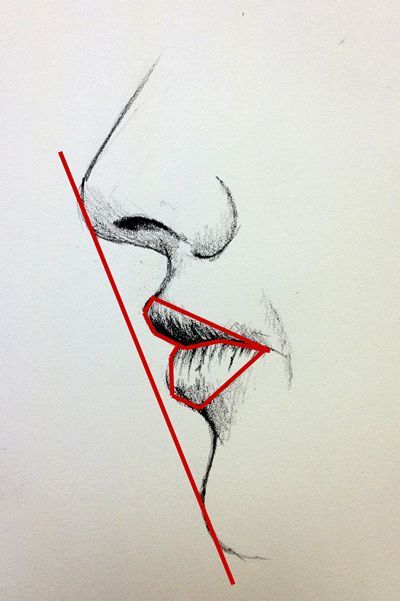 Drawing of a mouth – side view – draw a straight line to see the angle/slant nose to chin; also look for negative space to get the