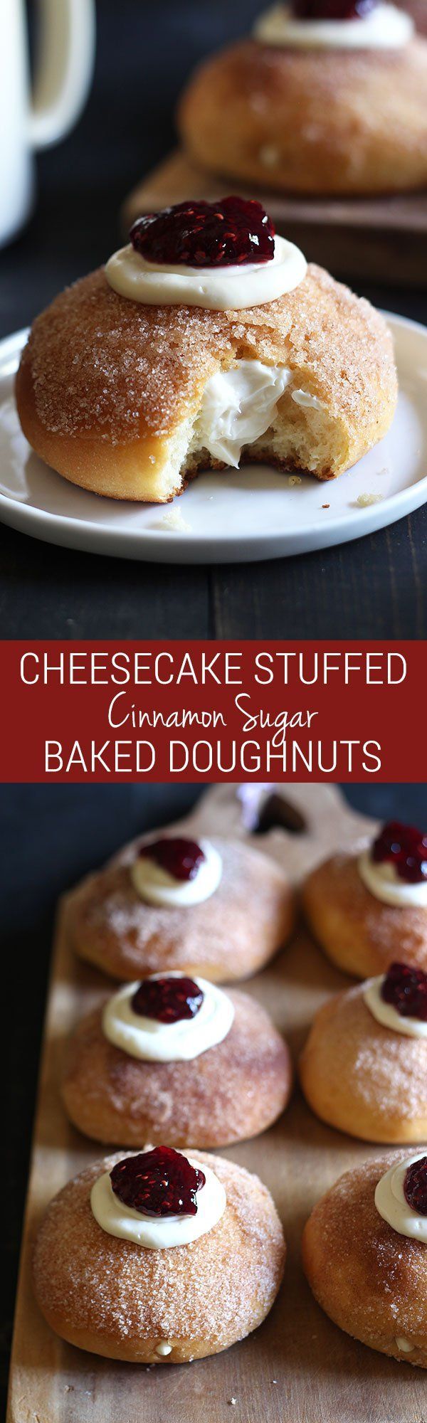 DYING!! These look SOOOO good! Cheesecake Stuffed Baked Doughnuts feature a fluffy yeast-raised baked doughnut coated in cinnamon