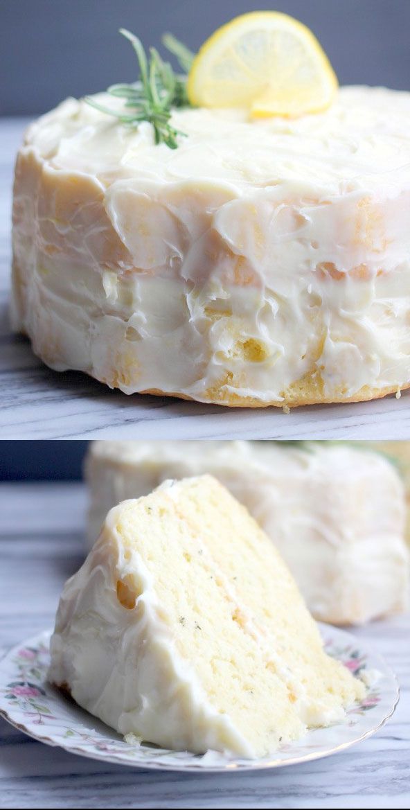 Fluffy Lemon Rosemary Cake with Lemon Cream Cheese Frosting via Baker Bettie