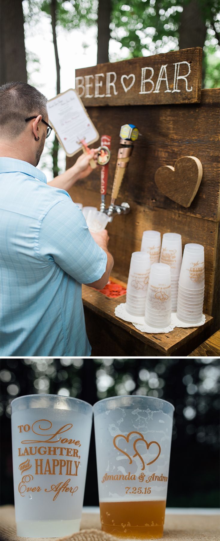 For their rustic DIY outdoor wedding reception, Amanda and Brian created a beer bar drink station complete with 24 ounce frosted