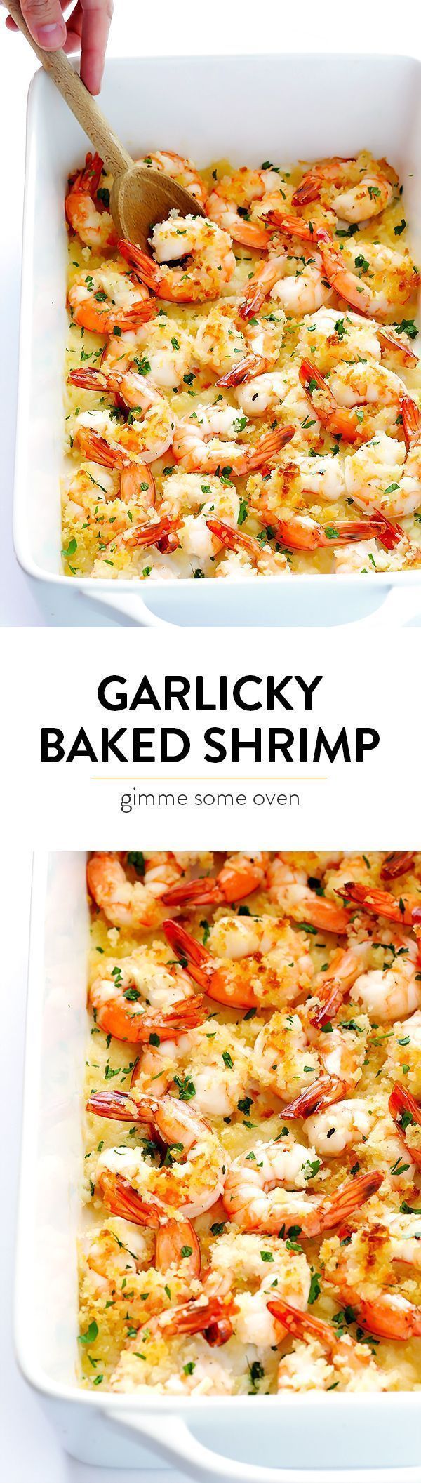 Garlicky Baked Shrimp Recipe — one of my favorite easy dinners!  It’s super quick, calls for just a few simple ingredients, and