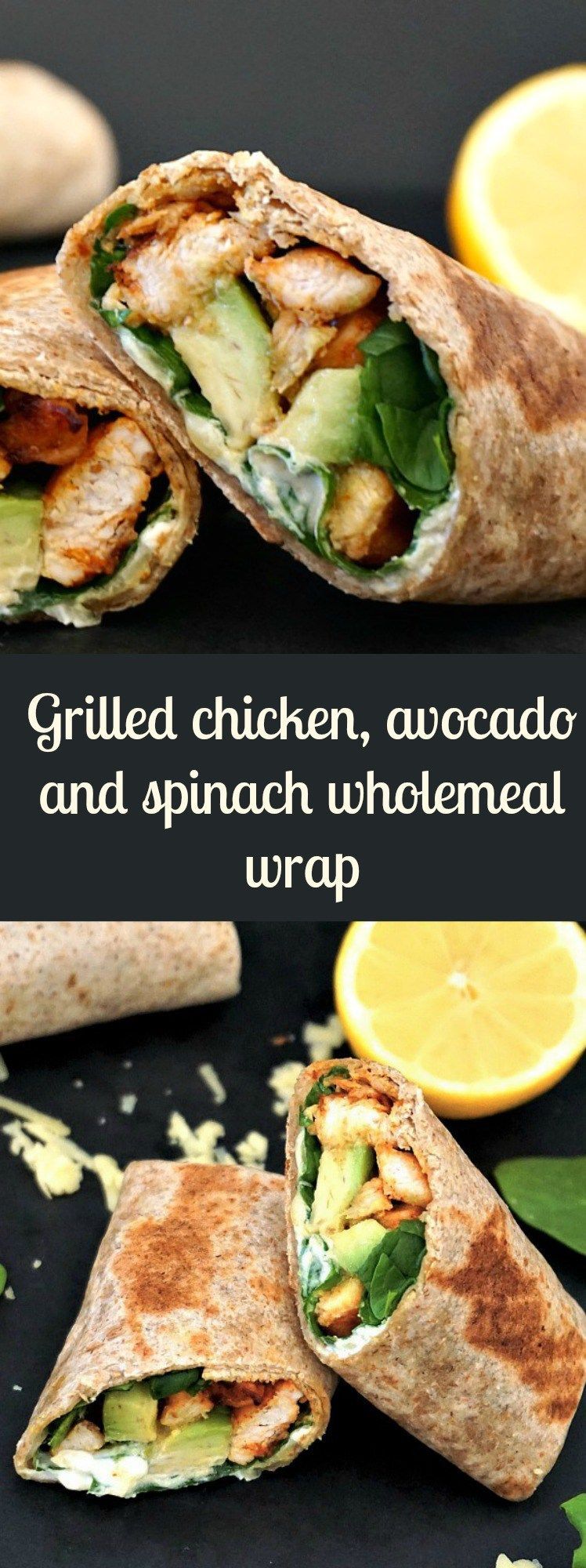 Grilled chicken, avocado and spinach wholemeal wrap, a healthy recipe when you are on the go or time is short for cooking