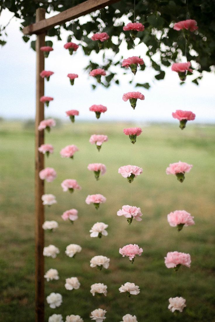 Hang up carnations with twine for a unique flower arrangement that will create the perfect backdrop for your wedding.