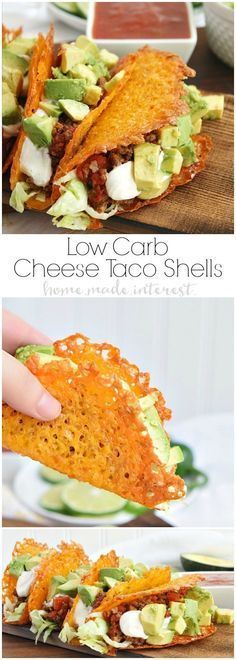 Have a low carb taco night with these cheese taco shells made from baked cheddar cheese formed into the shape of a taco!