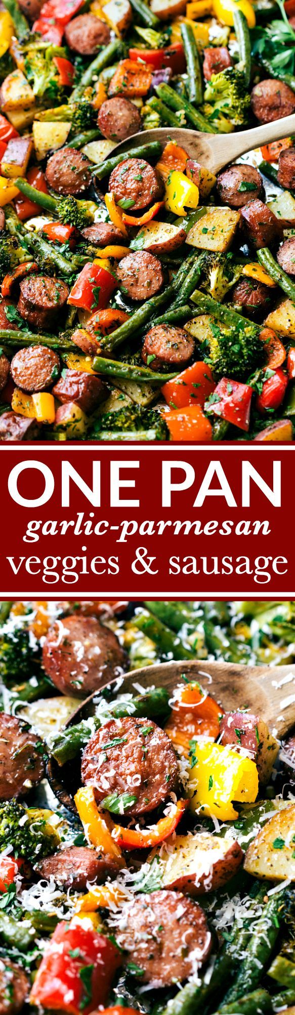 Healthy garlic parmesan roasted veggies with sausage and herbs all made and cooked on one pan. 10 minutes prep, easy clean-up!