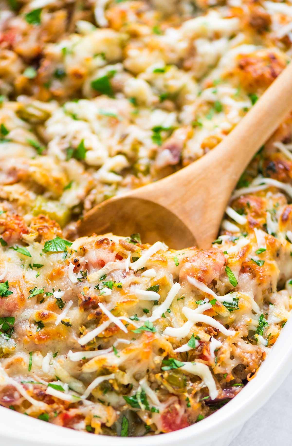 Healthy Spaghetti Squash Casserole with ground turkey, tomatoes and Italian spices