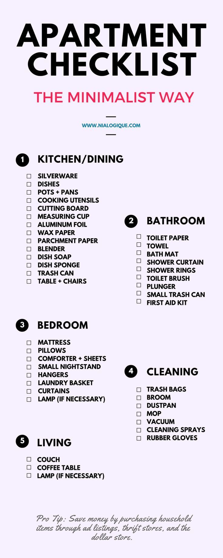 Minimalist Apartment Checklist | Check out this awesome, minimal infographic focusing on all of the essentials for your next