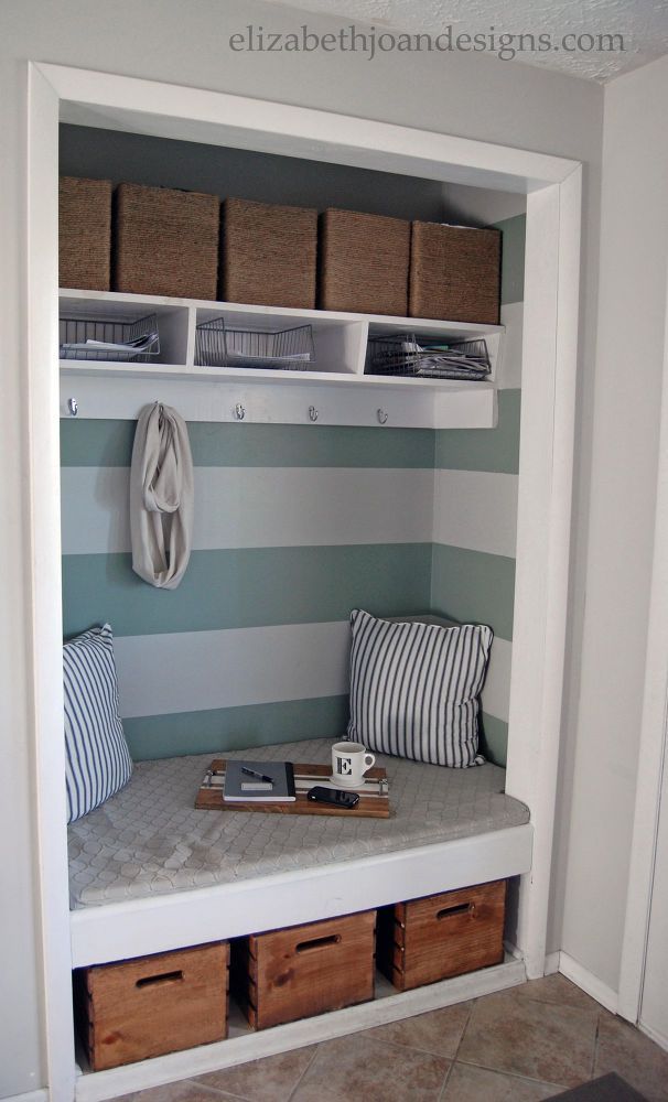 Mudroom idea, but Id raise the bench and have a couple shelves for shoes
