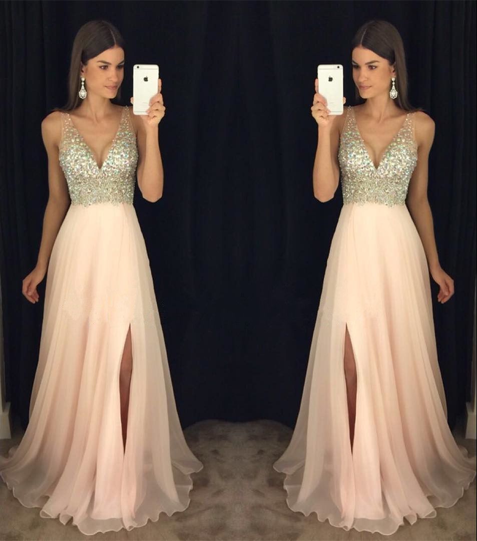 New Arrival Prom Dress,Modest Prom Dress,sparkly crystal beaded v neck open back long chiffon prom dresses 2017 pageant evening